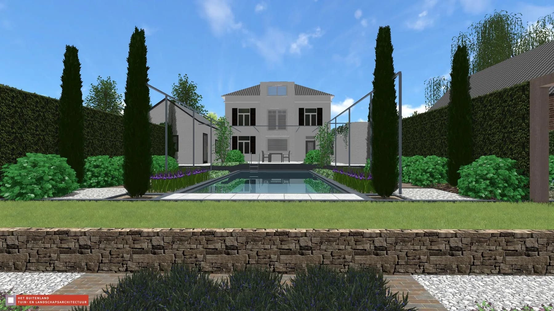 Project: Groot wit gebouw met een blauwe muur | Het Buitenland Tuin en Landschap (tuinontwerp Nijmegen, tuinarchitect Nijmegen) Groot wit gebouw met een blauwe muur